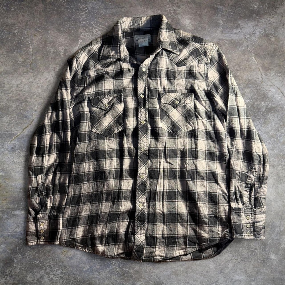 Wrangler Wrancher Mens Black White Plaid Pearl Snap Flannel Shirt L MTSC048